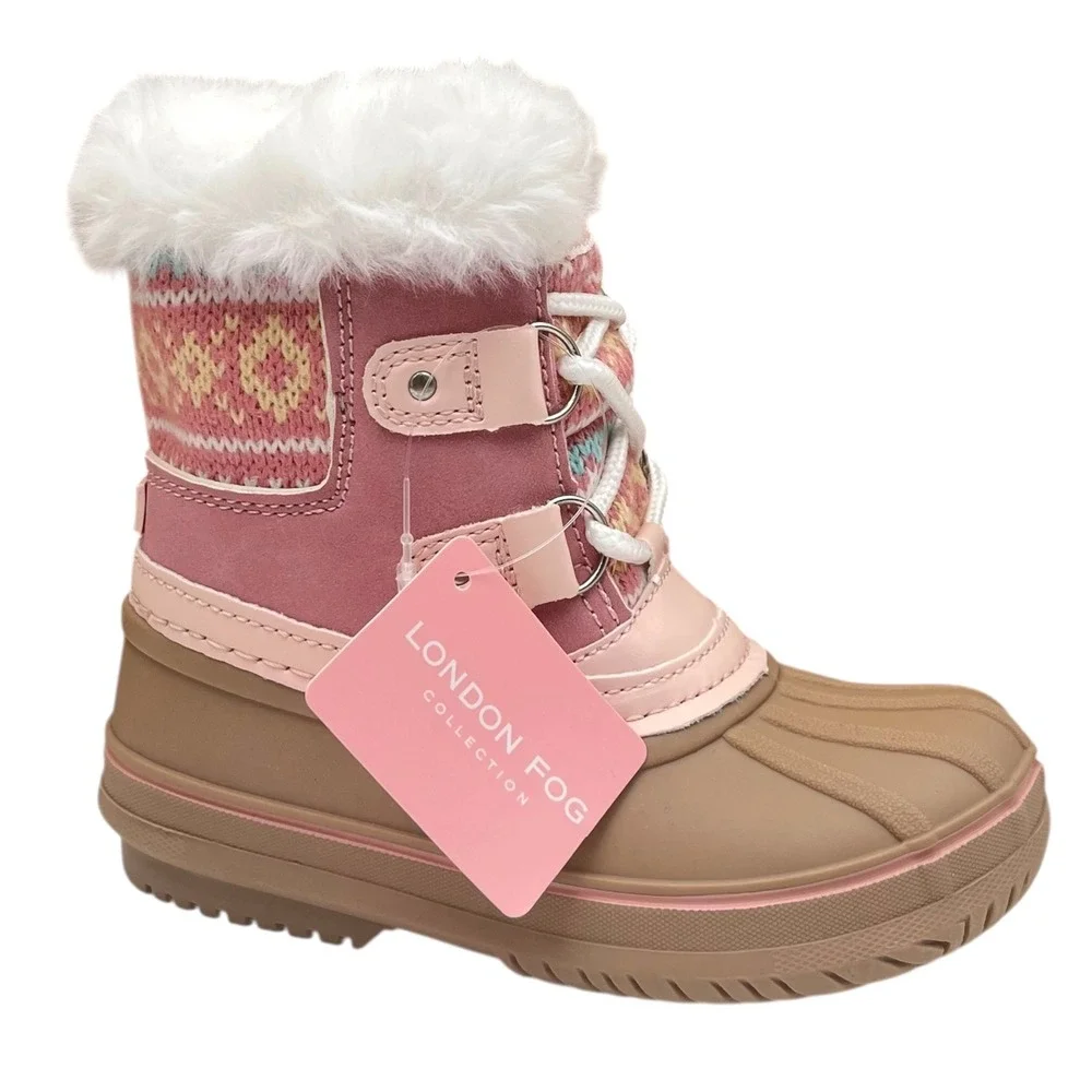 London Fog Toddler Girls Mid-Calf Snow Boots Size 9 Pink-Tan Faux Fur Waterproof